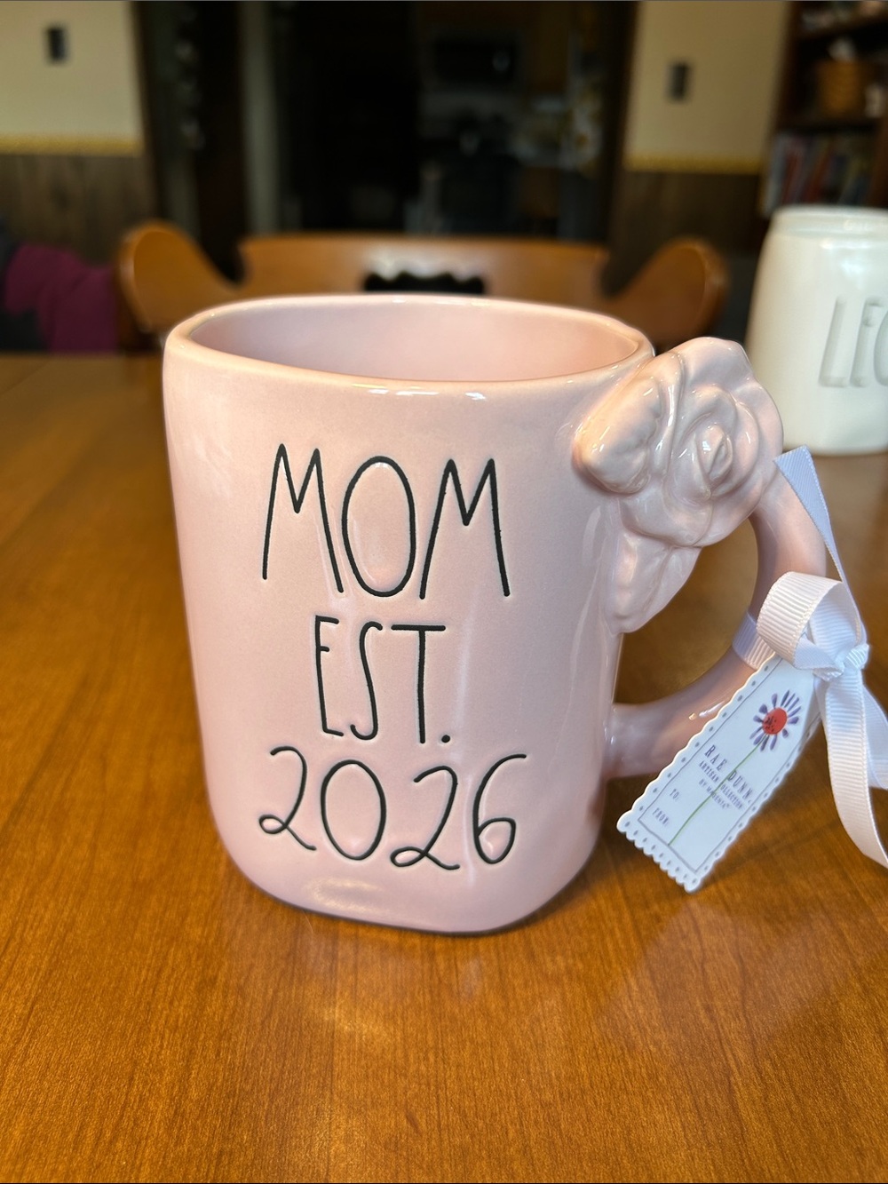 Rae Dunn Pink "MOM EST. 2026" Ceramic Mug with Rose Handle